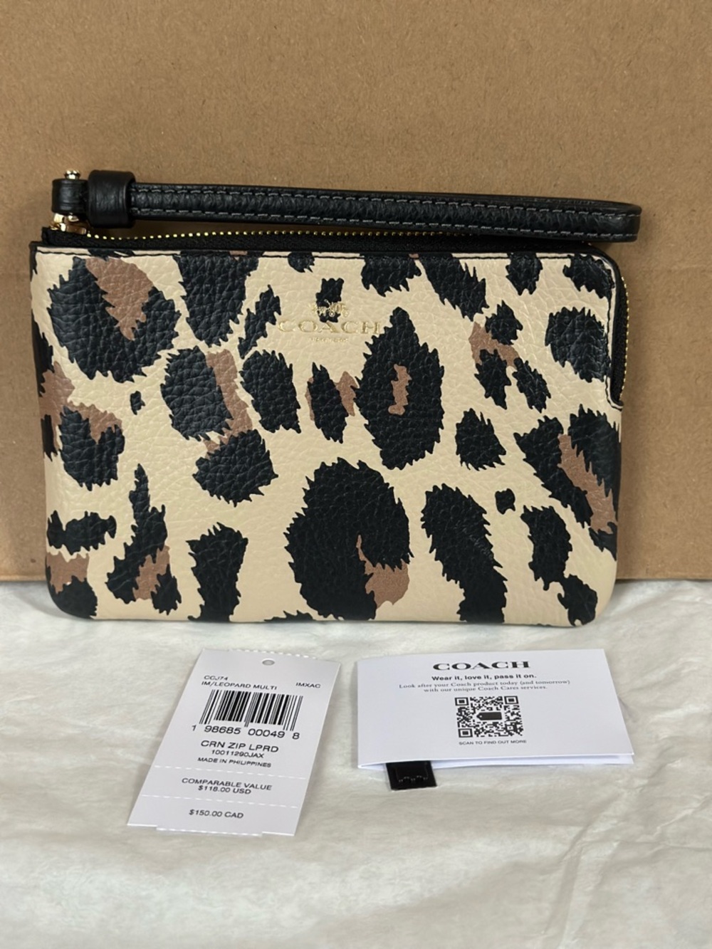 Coach Leopard Print Zip Wristlet - Black, Cream, Brown